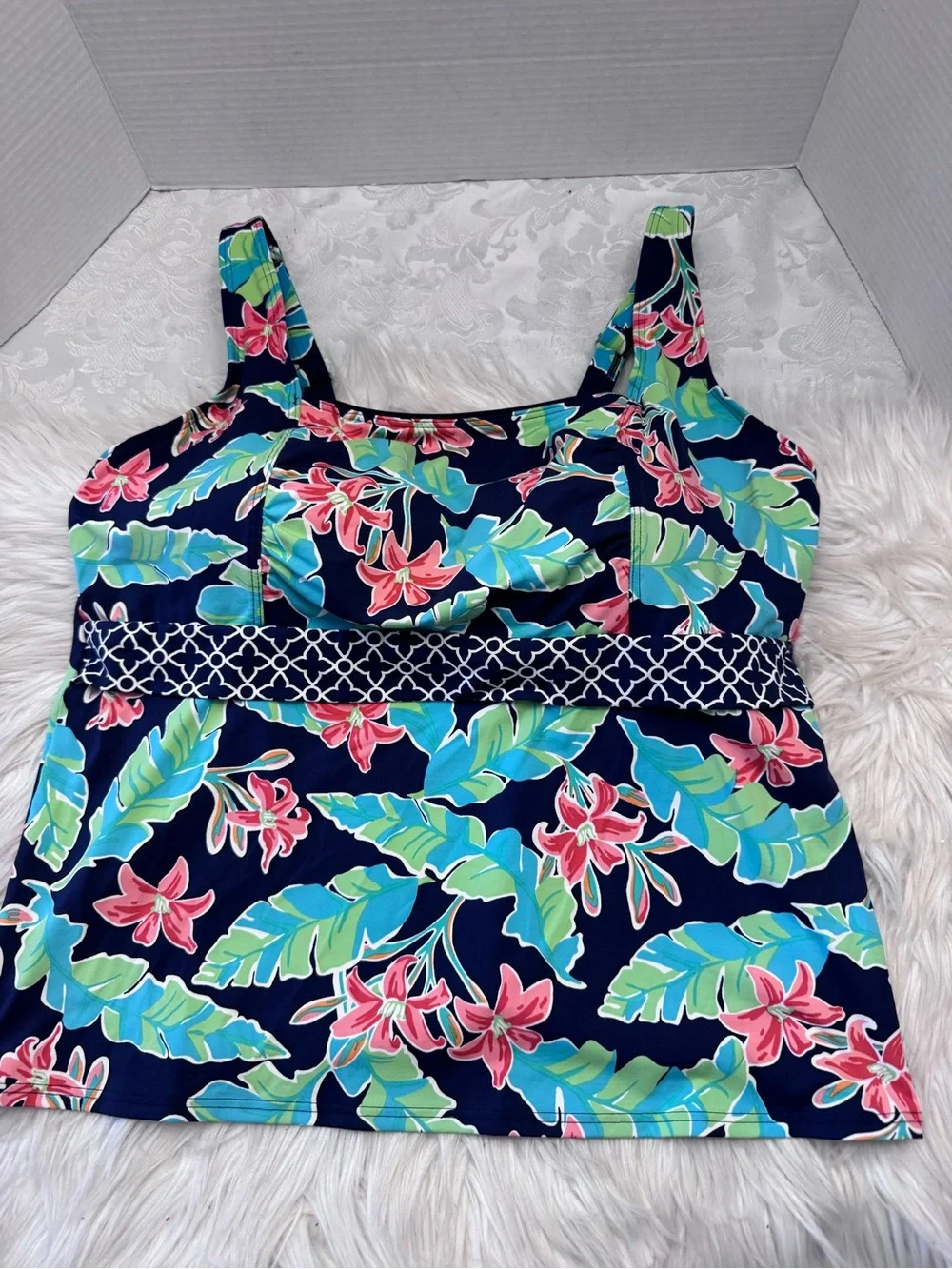 Lands' End 18W Mastectomy Tankini Top Blue Green Floral Swimsuit Modest
